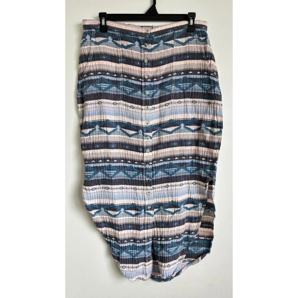 KAVU Blue Aztec Geometric Button Front Midi Skirt Size Small Boho